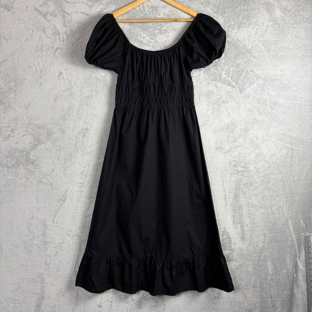 Vintage Milkmaid Puff Sleeve Smocked Midi Dress S/M Black Cotton Boho